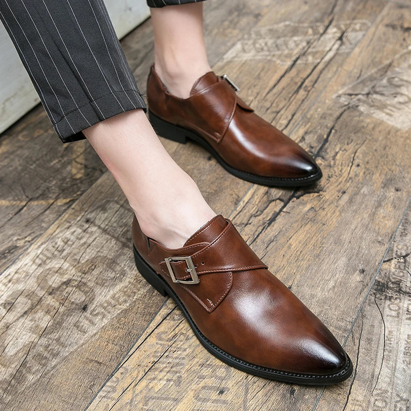 Fashion Men's Monk Leather  Shoes Buckle Pointed Dress Shoes Men