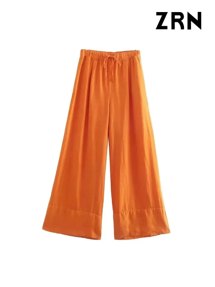 Women Fashion Side Pockets Linen Wide Leg Pants