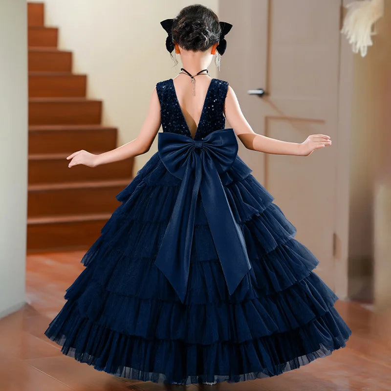 Elegant Girls Dresses Formal Princess Gowns Children Sparkly Sequins Evening Long Dresses For Birthday Party Performance