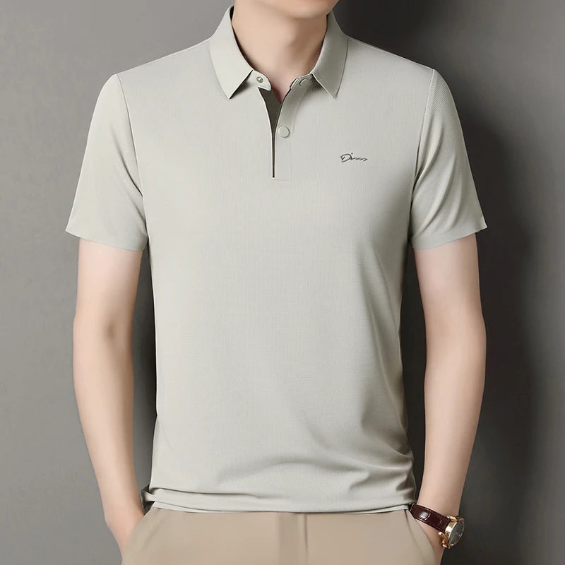 Summer seamless ice silk short sleeved T-shirt, polo shirt, flip collar, casual elastic top, breathable thin half sleeve