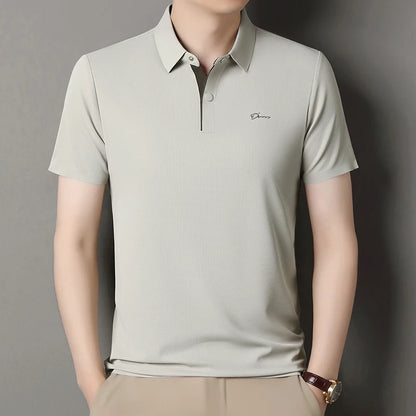Summer seamless ice silk short sleeved T-shirt, polo shirt, flip collar, casual elastic top, breathable thin half sleeve