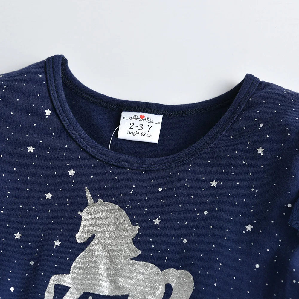 Kids Flare Sleeve Autumn Spring Dress Girls Licorne Cartoon Dress