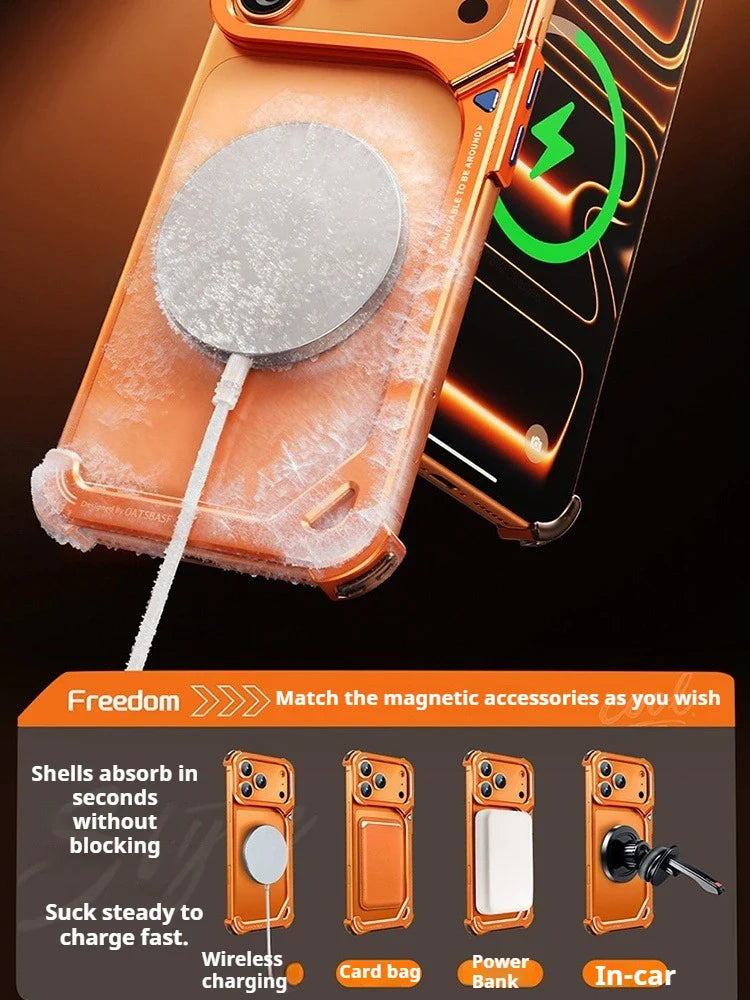 Eary 9-Shaped for iPhone 17 Pro Max 17 Pro Phone Case for Magsafe Wireless Charging With Lens Holder Stand Metal Frameless Shell