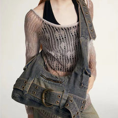 Trendy Women Vintage Denim Punk Shoulder Bag Y2k Streetwear Grunge Handbag