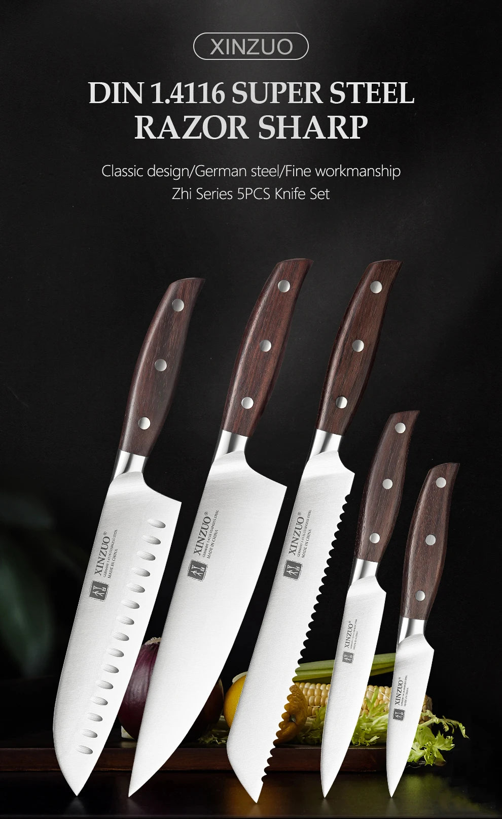 High Carbon Germany 1.4116 Stainless Steel 5PCS Kitchen Knife Set