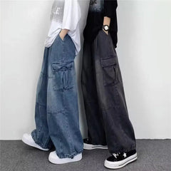 Vintage Wide Leg Big Pocket Overalls Men Y2K Neutral Loose Straight Leg Casual