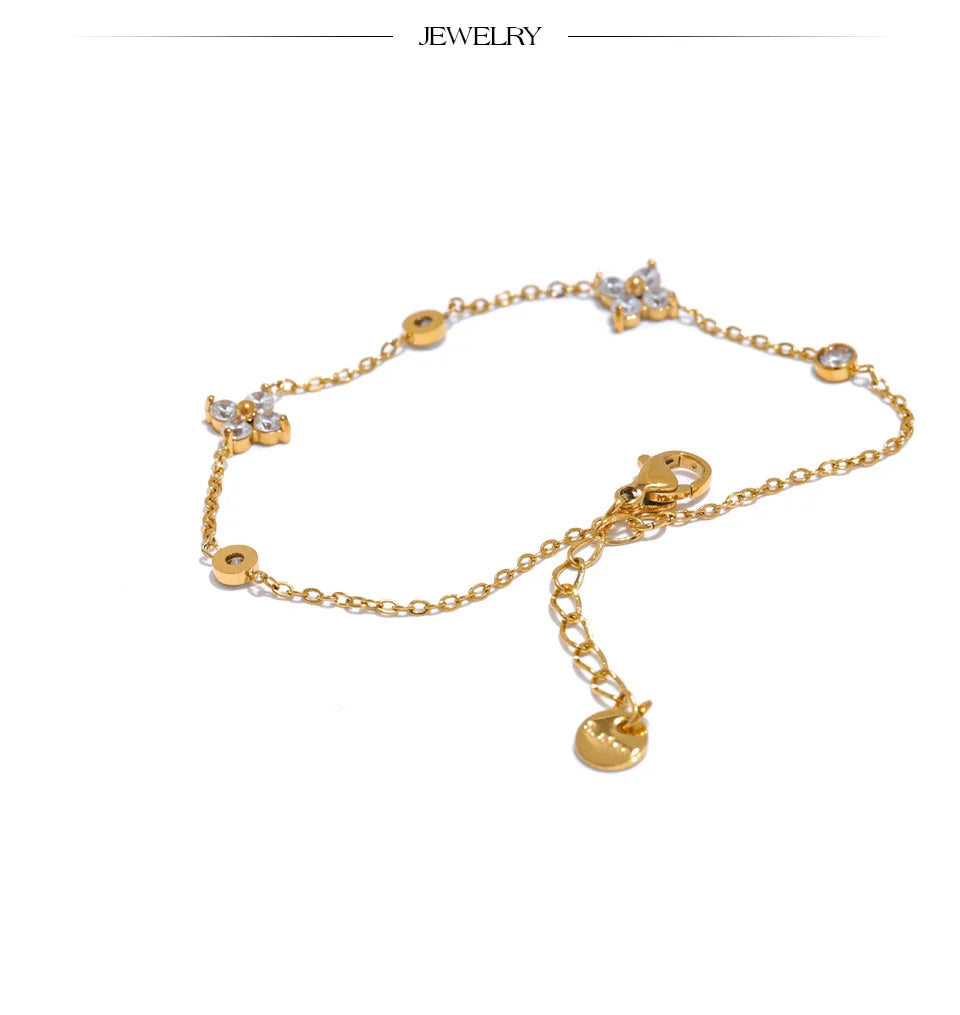 Yhpup Delicate Cubic Zirconia Flower Chain Thin Bracelet Bangle Stainless Steel Rust Proof Office Ladies Chic Jewelry New Gift