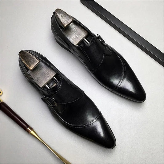 Handmade Man Loafers Genuine Leather Black Monk Strap Men Dress Shoes