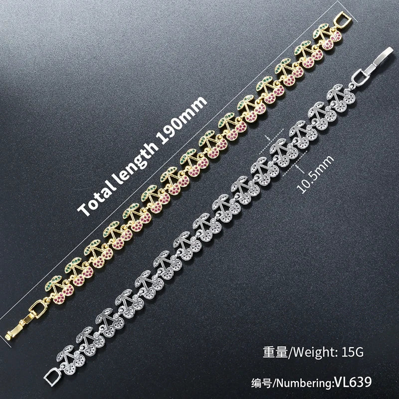 ZHUKOU Korea Fashion Red Cherry Zirconia Bracelet Women's Dopamine Style Jewellery Party Accessories:VL639