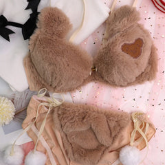Womens Lolita Kawaii 2pcs Bra Panty Set Cute Bear Embroidery Fluffy Faux