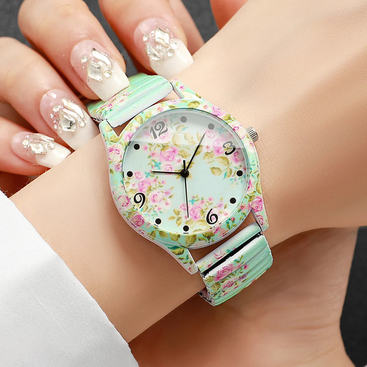 2/3PCS Fashion Flower Printed Women Quartz Wristwatches Set Ladies Casual Elastic Strap Arabic Dial Watch（Without Box）