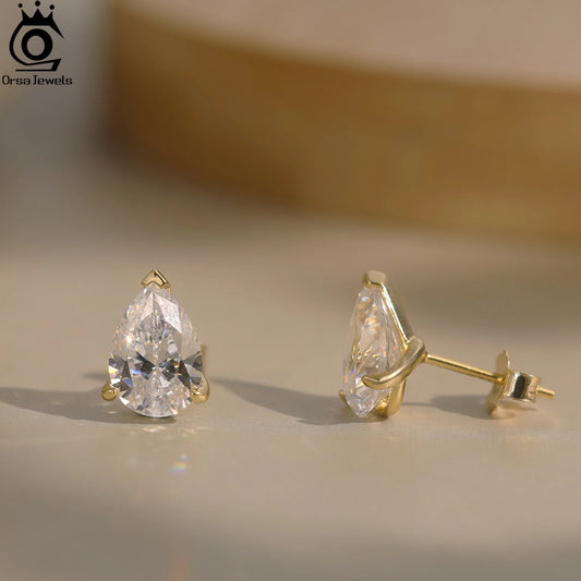ORSA JEWELS 925 Sterling Silver Stud Earrings with Water Drop Cut Zirconia Stone, Elegant and Timeless Jewelry for Women LZE02