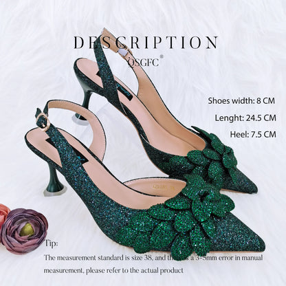 2024 African Fashion Green Ladies Matching Shoes and Bags Nigerian Best Sell Women's Pointed Toe High Heels Commuter Wearable