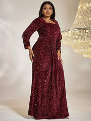 Women Plus Size Maxi Dresses Red Sequin Formal Dress Square Neck