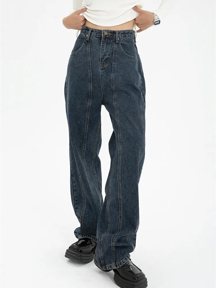 Dark Blue Womens Jeans High Waist Vintage Straight Baggy Denim Pants Streetwear