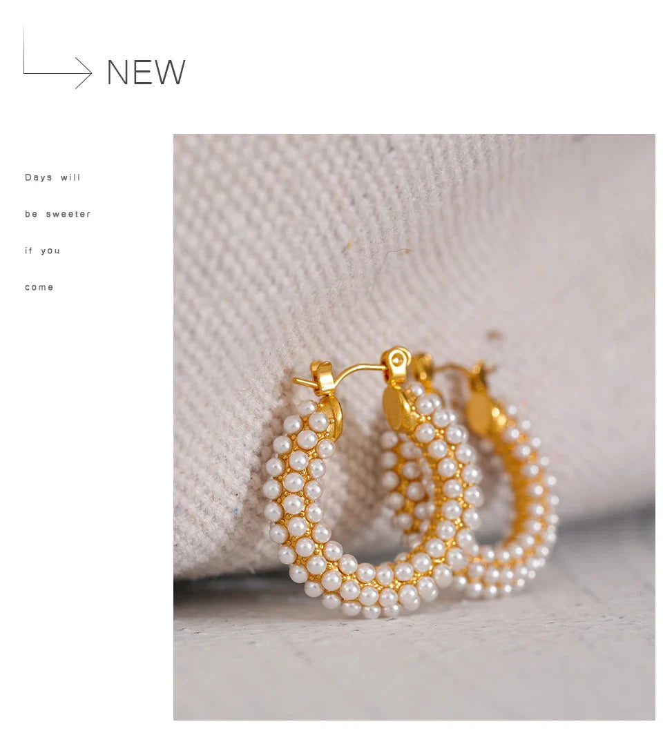 Yhpup Exquisite Luxury Stainless Steel Imitation Pearls Hoop Huggie Earrings Romantic Elegant Fashion Charm Trendy Chic Jewelry