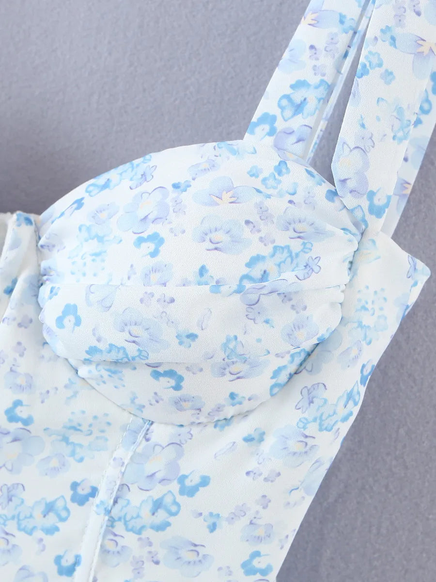 Women Retro Slit V neck Corset Tie Bow Strap Sling Dress Floral Print Chiffon Wood