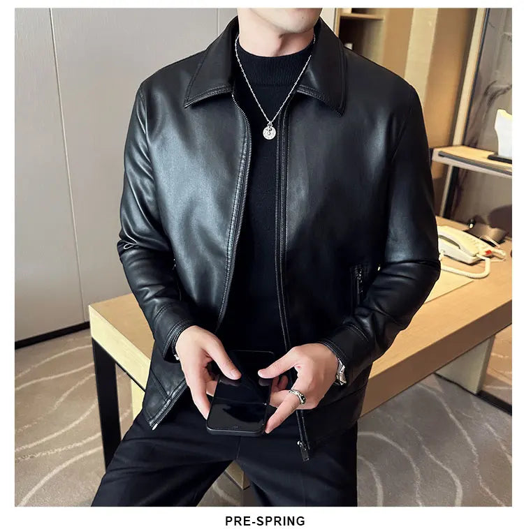 Men Bomber Leather Jacket Anti-wind Lapel Solid Casual Slim Fit Jacket