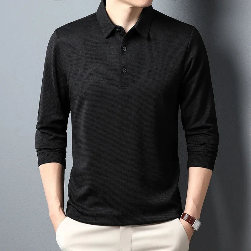 New Men's Business Fashion Casual Long Sleeved Shirt Solid Color Polo Shirt Fashionable Breathable Comfortable Versatile Top