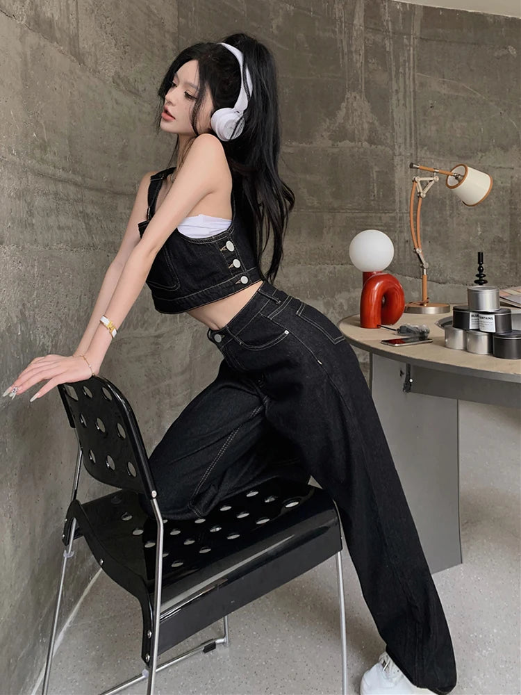 Acubi Fashion Two-Piece Top Pants Set Women Y2k Black Jeans