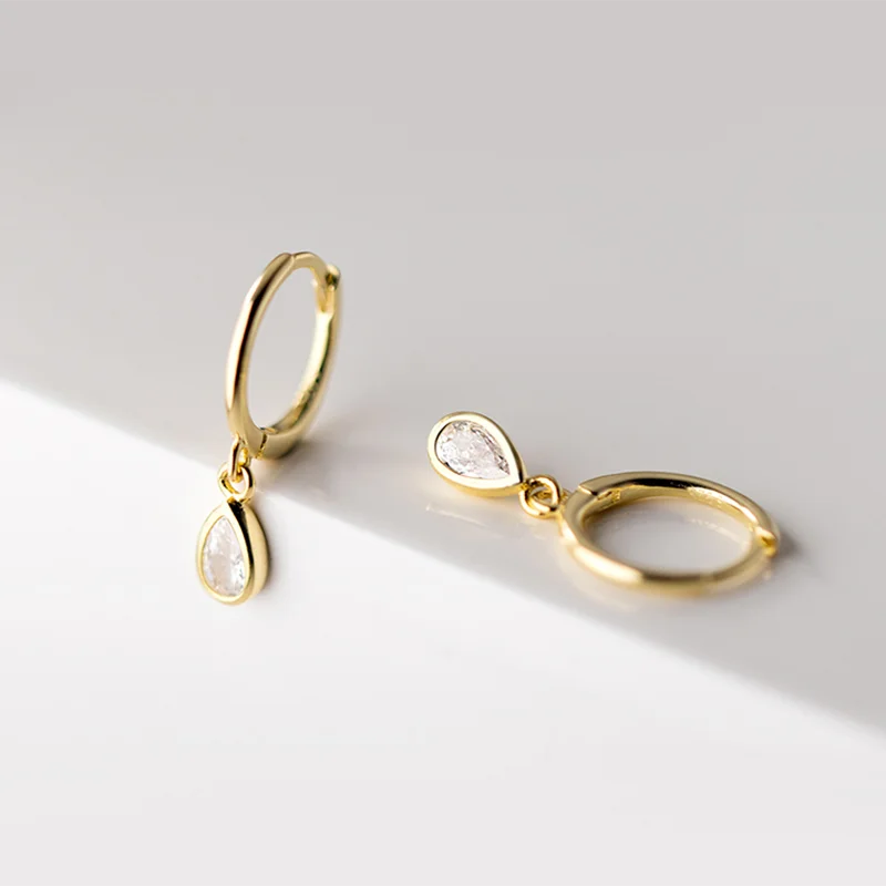 WANTME 925 Sterling Silver Sweet Water Drop Zircon Huggies Pendant Earrings for Women Fashion Wedding Party Hoop Charm Jewelry