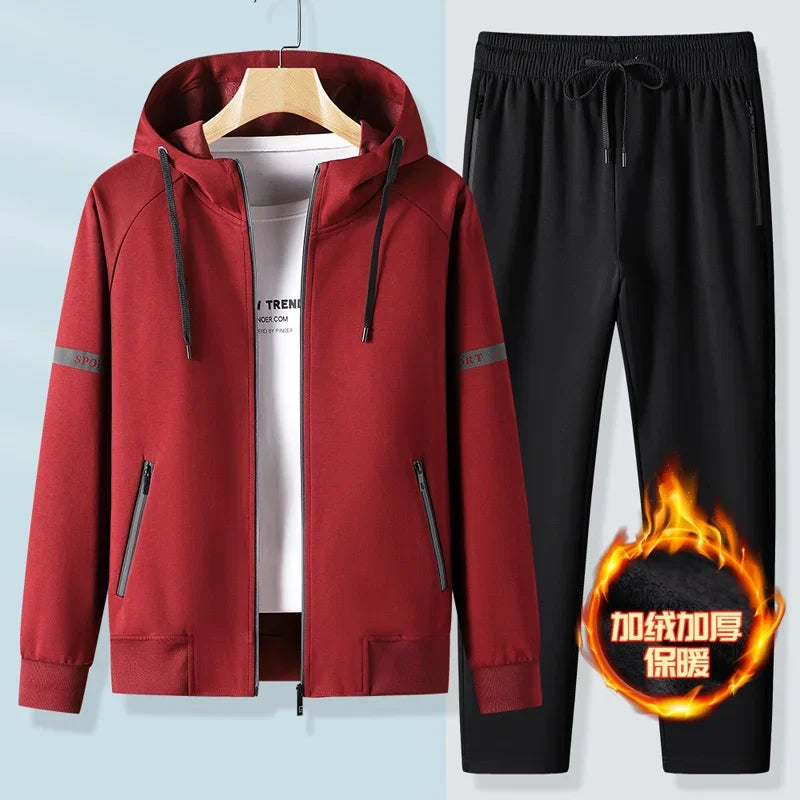 Thicker Fleece Jacket+Pants 2 Pieces Men Winter Tracksuit Sets Black Red Gray Sets Hoodies Casual Hooded Warm Sweatshirts+Pants