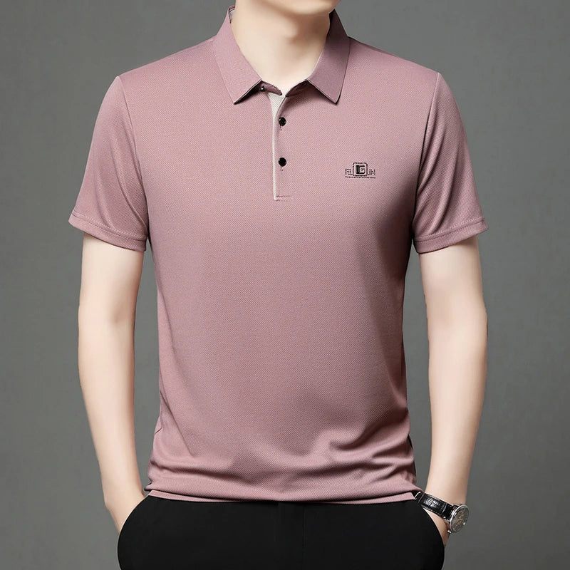 New Men's Business Casual Short Sleeved Shirt with Badge Solid Color Polo Shirt Fashionable Breathable Comfortable Versatile Top