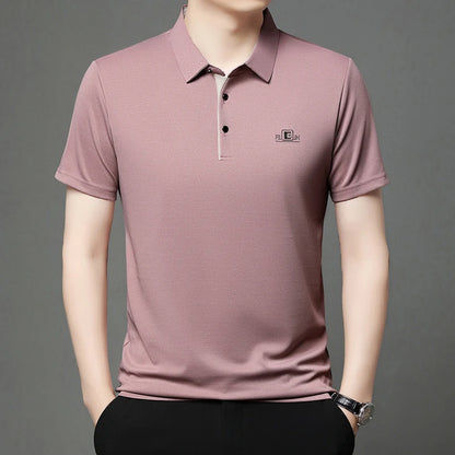 New Men's Business Casual Short Sleeved Shirt with Badge Solid Color Polo Shirt Fashionable Breathable Comfortable Versatile Top