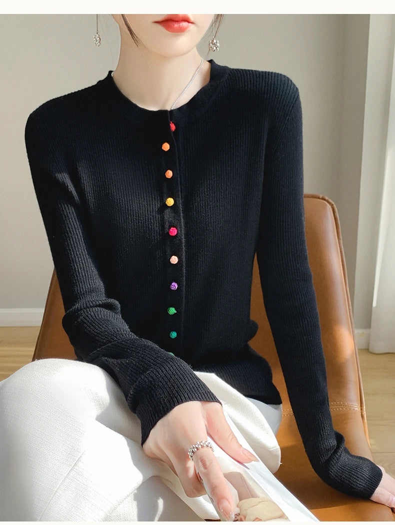 Women's 100% Merino Wool Sweater Round Collar Colorful Buckles Slim Fit Cardigan