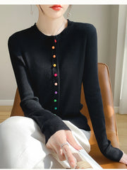 Women's 100% Merino Wool Sweater Round Collar Colorful Buckles Slim Fit Cardigan