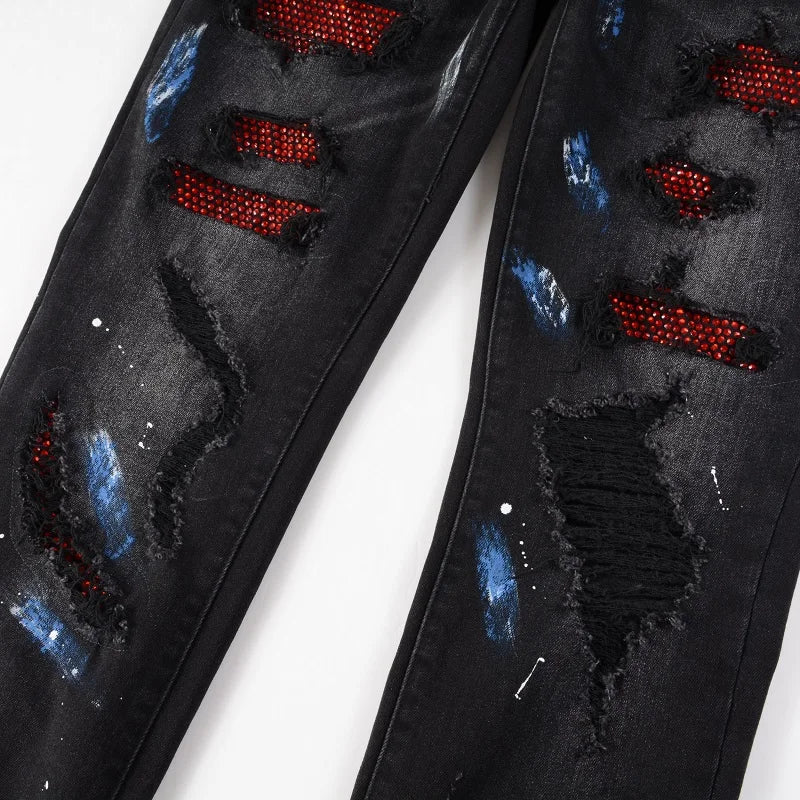 Men's Crystal Stretch Denim Skinny Jeans Painted Holes Ripped Tapered Pants