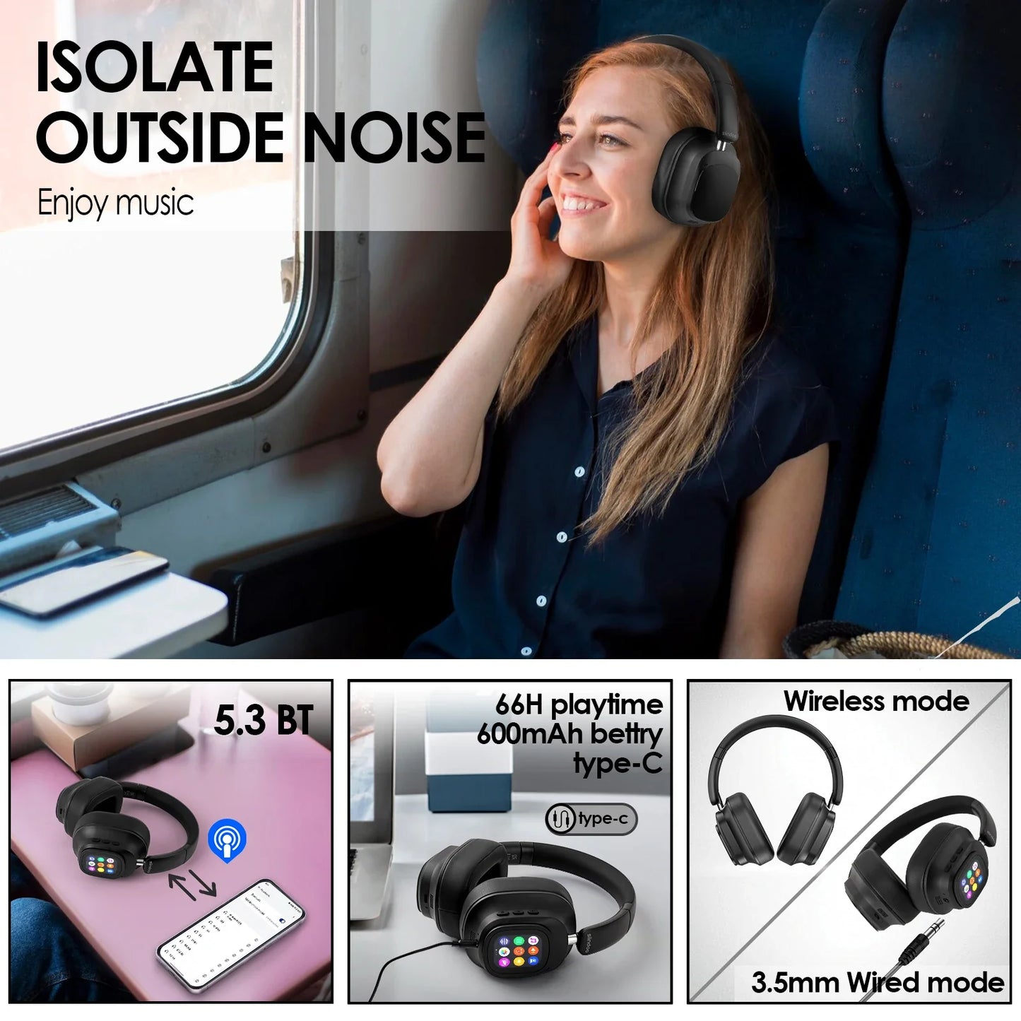 Siindoo JH-ANC930Plus Active Noise Cancelling Headphones, Hybrid Wireless Headphone With Multi Magnetic Touch Control LED Screen