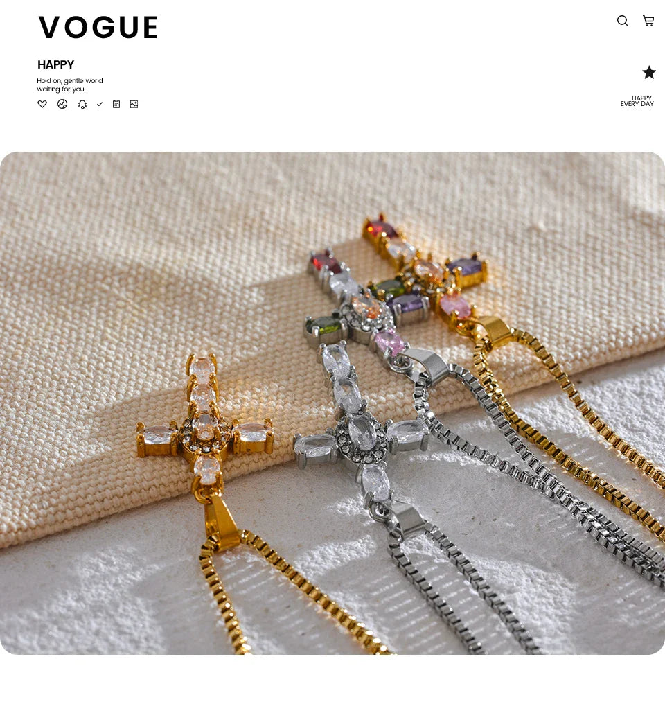 Yhpup Delicate Colorful Bling Cubic Zirconia Cross Pendant Stainless Steel Luxury Necklace High-Grade Fashion Shiny Jewelry Gift