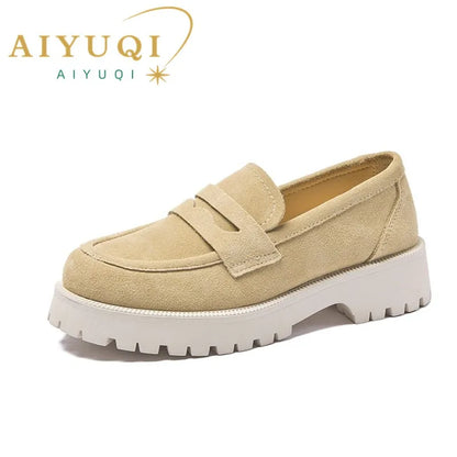 AIYUQI Women Loafers Shoes Suede Genuine Leather 2024 British Style Women's Spring Shoes Thick Bottom Large Size Ladies Shoes