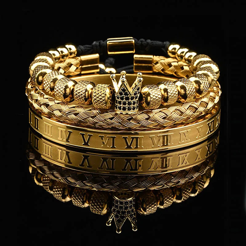 3Pcs Luxury Set Crown Charms Man Bracelet Roman Gold Women Bangles Hand Jewelry Valentine's Day Gift Creative Bracelet