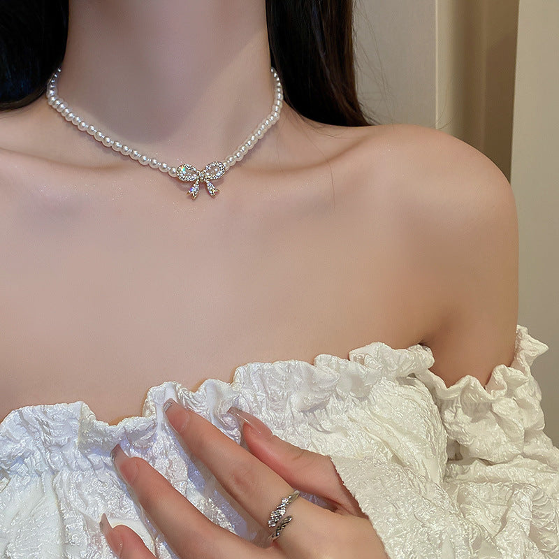 Multilayer Pearl Choker Necklaces for Women Short Geometric Crystal Chokers Necklace