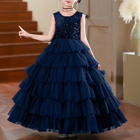 Elegant Girls Dresses Formal Princess Gowns Children Sparkly Sequins Evening Long Dresses For Birthday Party Performance