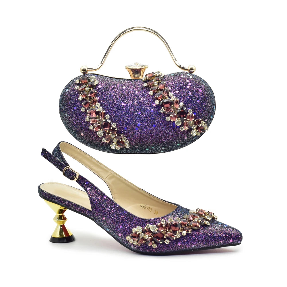 Lastest Italian Design Fashion Style Ladies Shoe with Matching Bag Set 2024 Nigerian Shoes and Bag Set In Purple Color for Party