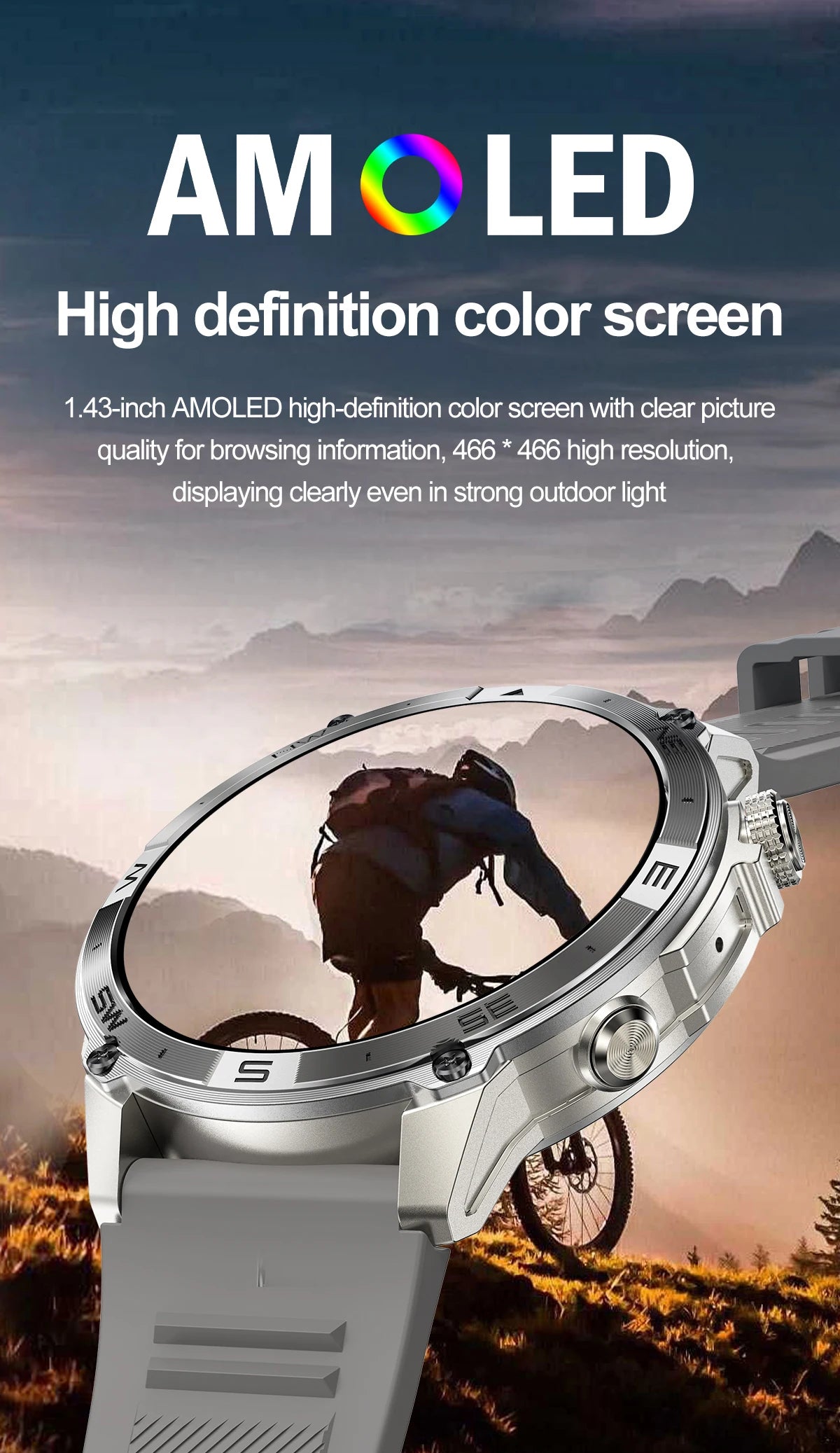 NORTH EDGE GPS Sports Smart Watch 1.43'' Amoled Display AOD Mens Watch Bluetooth Call Altitude Barometer Compass IP68 Waterproof