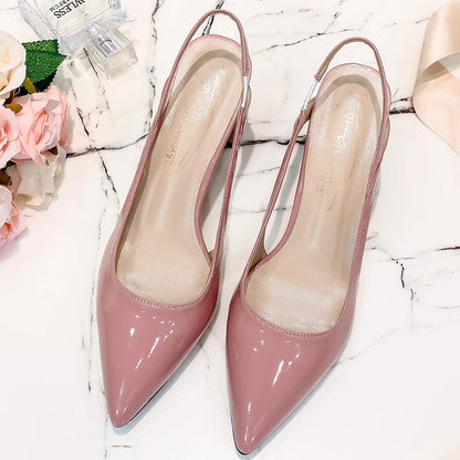 2023 ConciseBack Strap Office Lady Shoes Med heels Pointed Toe Hollow Sandals Patent Leather Thick Heel Shallow Women's Shoes