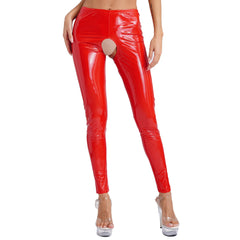 Womens Wet Look PVC Leather Open Crotch Butt Leggings High Waisted Crotchless