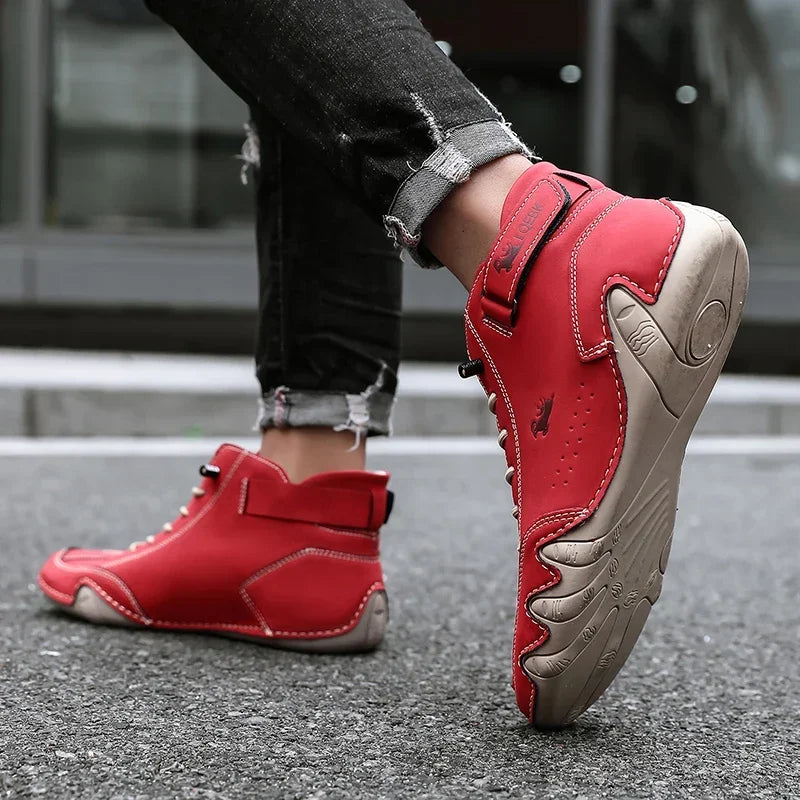 Summer Hot Selling Men's Durable Leather Flat Bottomed Boots Workwear Shoes Retro Lace Up Breathable Casual Men's Moto Boots