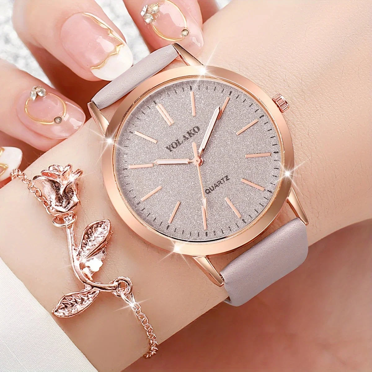 2PCS/Set Women's Watch Shiny Fashion PU Leather Analog Quartz Watches Rose Flower Bracelet