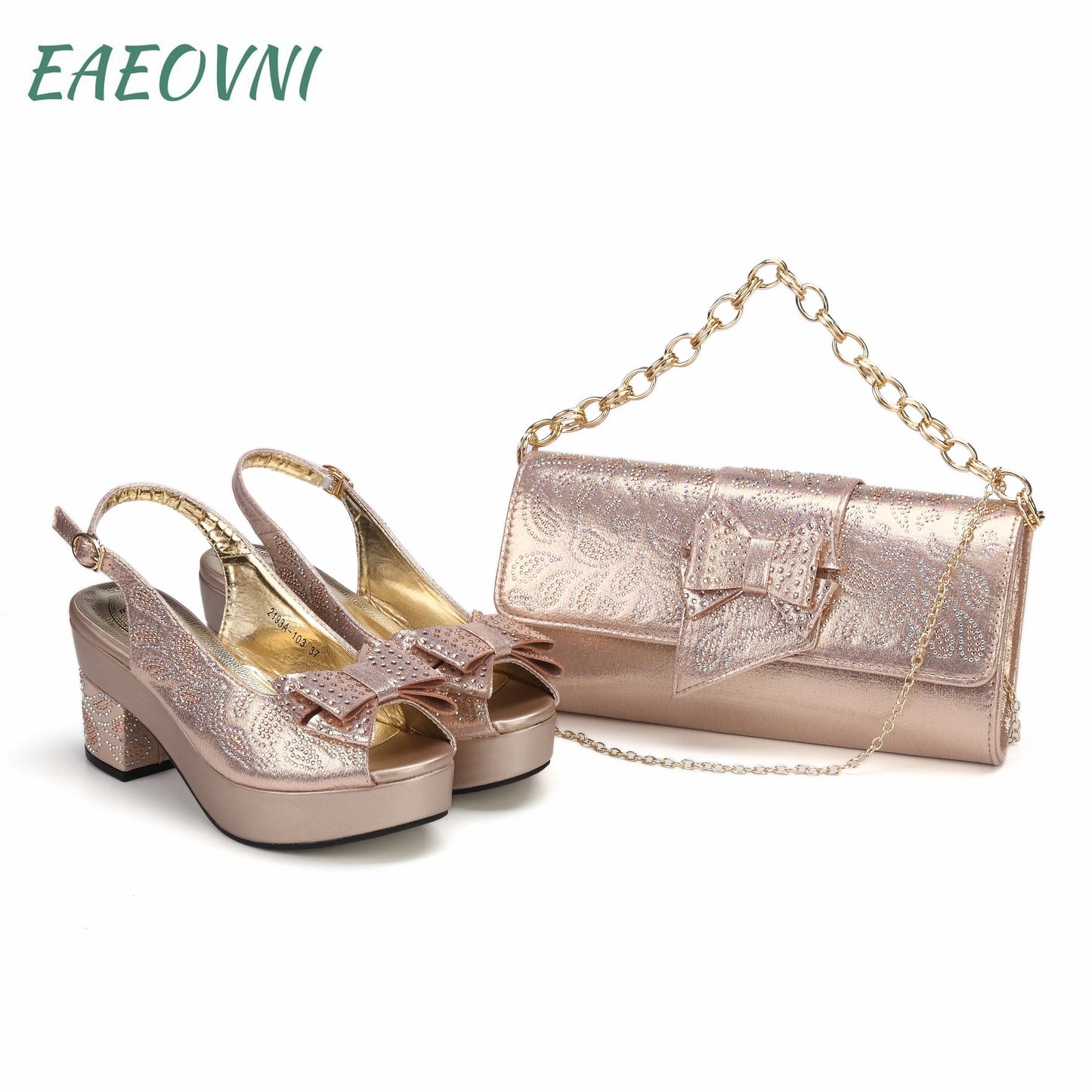 Rose Gold New Design Ladies High Heels Sandals Shoes Matching Bag Set For Mature Women Wedding Party Pump