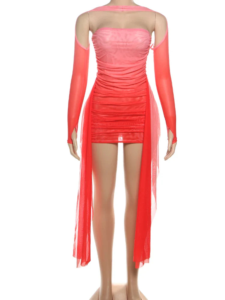 kliou Mesh Simple Women Mini Dress Fashion Solid Strapless Ribbons Tassel Body-shaping Vestidos+Seperately Full Sleeve Gloves