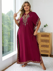 Plus Size Summer Bohemian Embroidery V Neck Kaftan Long Dress Tunic Women