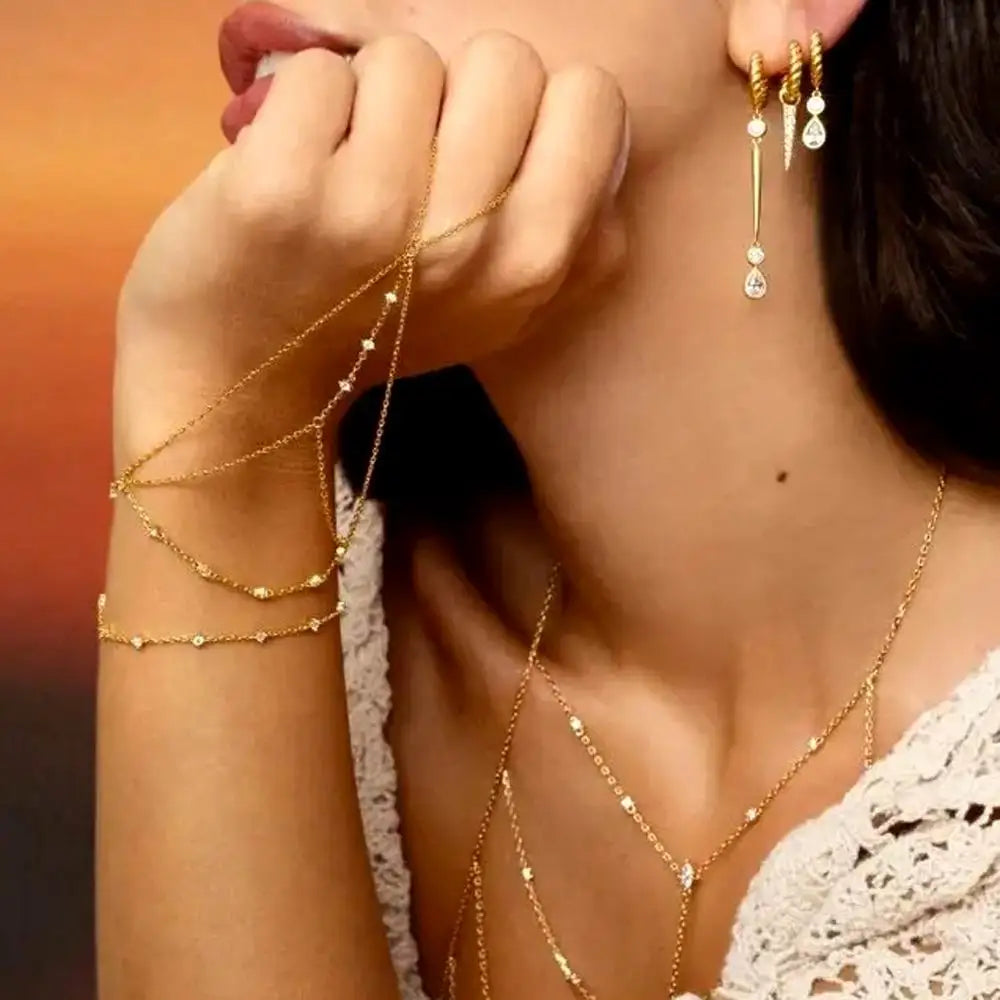 High Quality Long Tassel With Slippy Bar Bling Round Oval Triangle CZ Setting Women Unique Bracelet Wrap One's Finger Jewelry