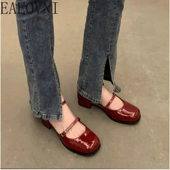 Shoes Buckle Pumps Women Thick Heels Elegant Shallow Square Toe Footwear Party