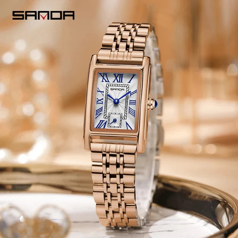 SANDA 1116 Quartz Watch Women Elegant Design Watches Rectangle Dial Waterproof Steel Leather Business Ladies Wristwatches Gift