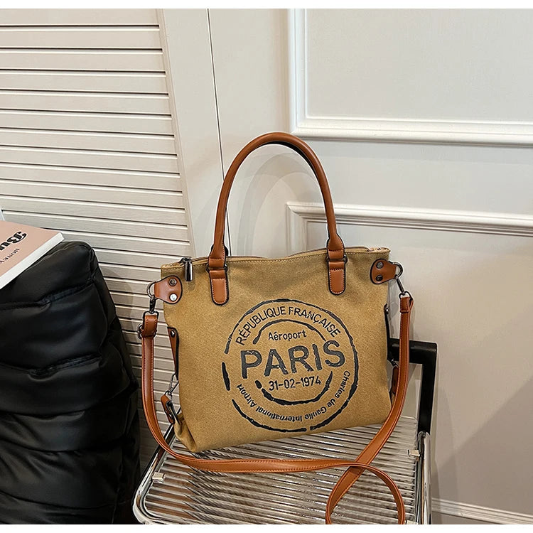 Large Retro Canvas Tote Bag Adjustable Shoulder Strap Vintage Paris Stamp Print
